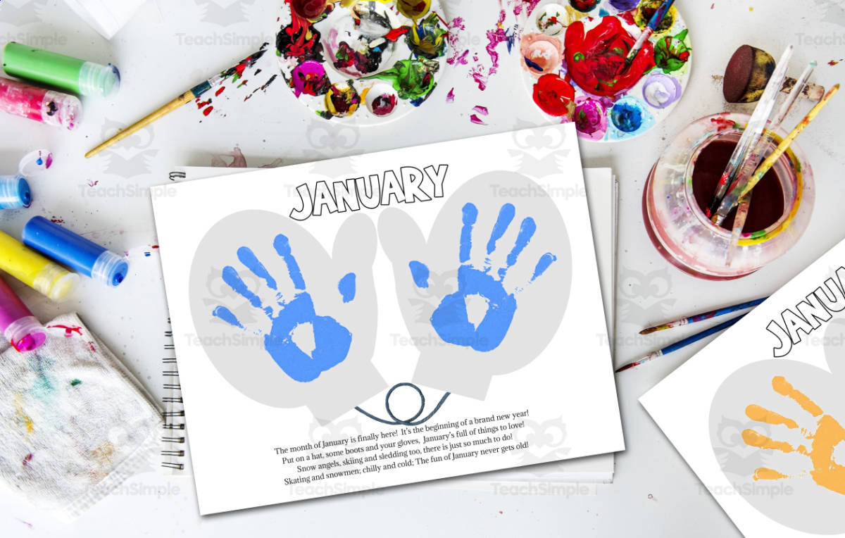 An educational teaching resource from Forever June Digital Design entitled DIY Handprint Calendar - January Poem & Colouring Activity, Winter Art downloadable at Teach Simple.