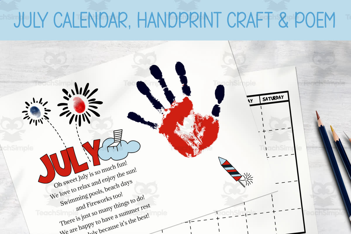 An educational teaching resource from Forever June Digital Design entitled DIY Handprint Calendar - July Craft & Poem, Homeschool Art Activity downloadable at Teach Simple.