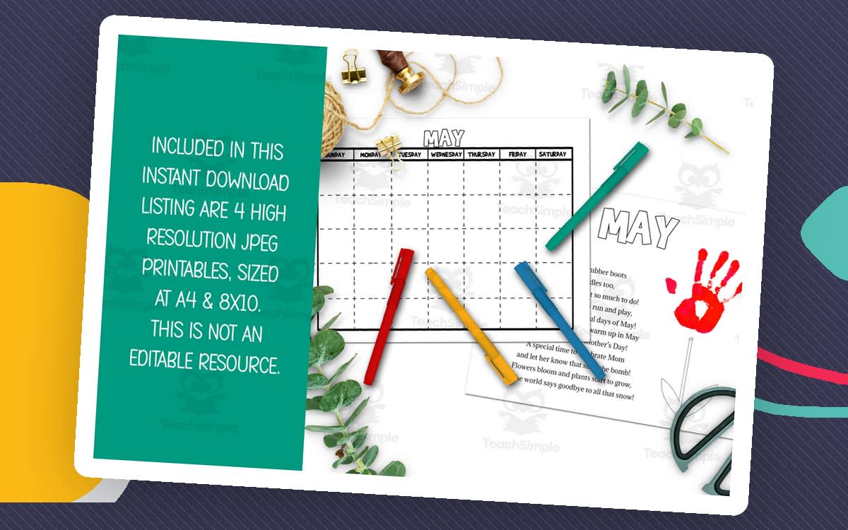 An educational teaching resource from Forever June Digital Design entitled DIY Handprint Calendar - May Poem & Coloring Activity, Spring Art downloadable at Teach Simple.