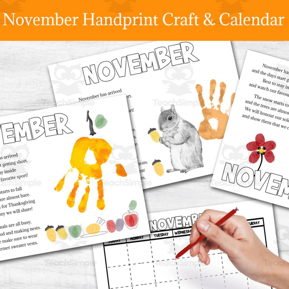 An educational teaching resource from Forever June Digital Design entitled DIY Handprint Calendar - November Poem & Colouring Activity, Fall Art downloadable at Teach Simple.