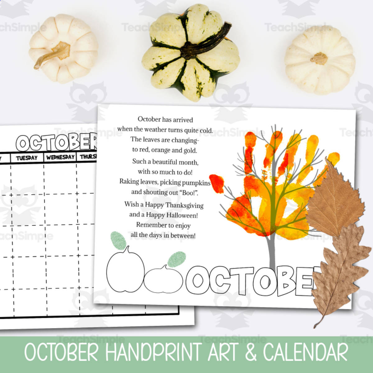 An educational teaching resource from Forever June Digital Design entitled DIY Handprint Calendar - October Poem & Colouring Activity, Fall Art downloadable at Teach Simple.