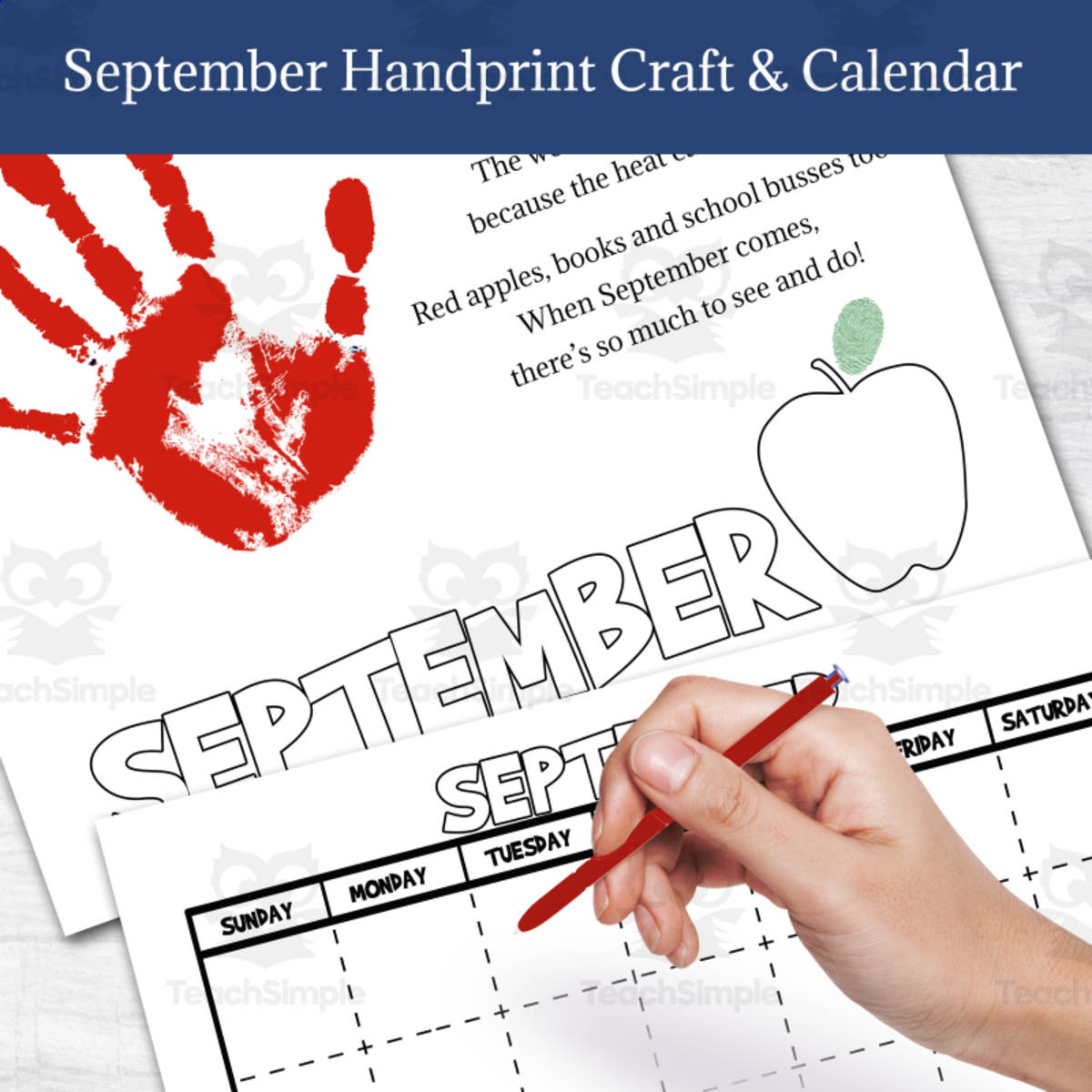 An educational teaching resource from Forever June Digital Design entitled DIY Handprint Calendar - SEPTEMBER Poem Colouring Activity downloadable at Teach Simple.