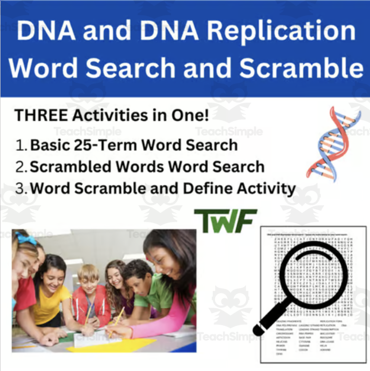 An educational teaching resource from Teach With Fergy entitled DNA and DNA Replication Word Search and Scramble Activity downloadable at Teach Simple.