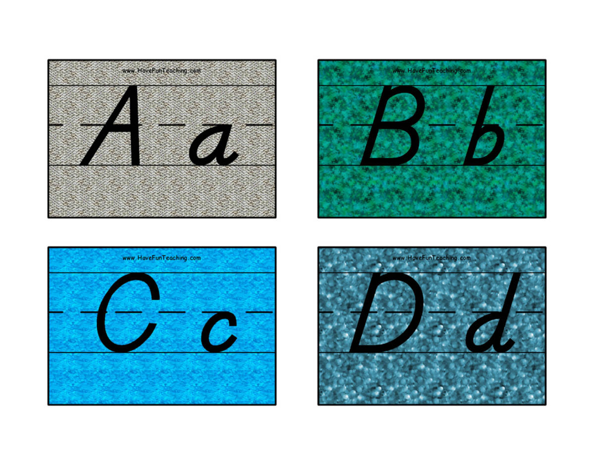 An educational teaching resource from Have Fun Teaching entitled D'Nealian in Color Alphabet Flash Cards downloadable at Teach Simple.