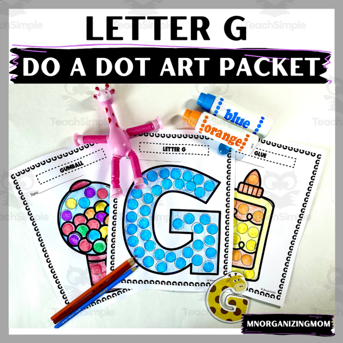 An educational teaching resource from mnorganizingmom entitled Do A Dot : Letter G Art Packet downloadable at Teach Simple.
