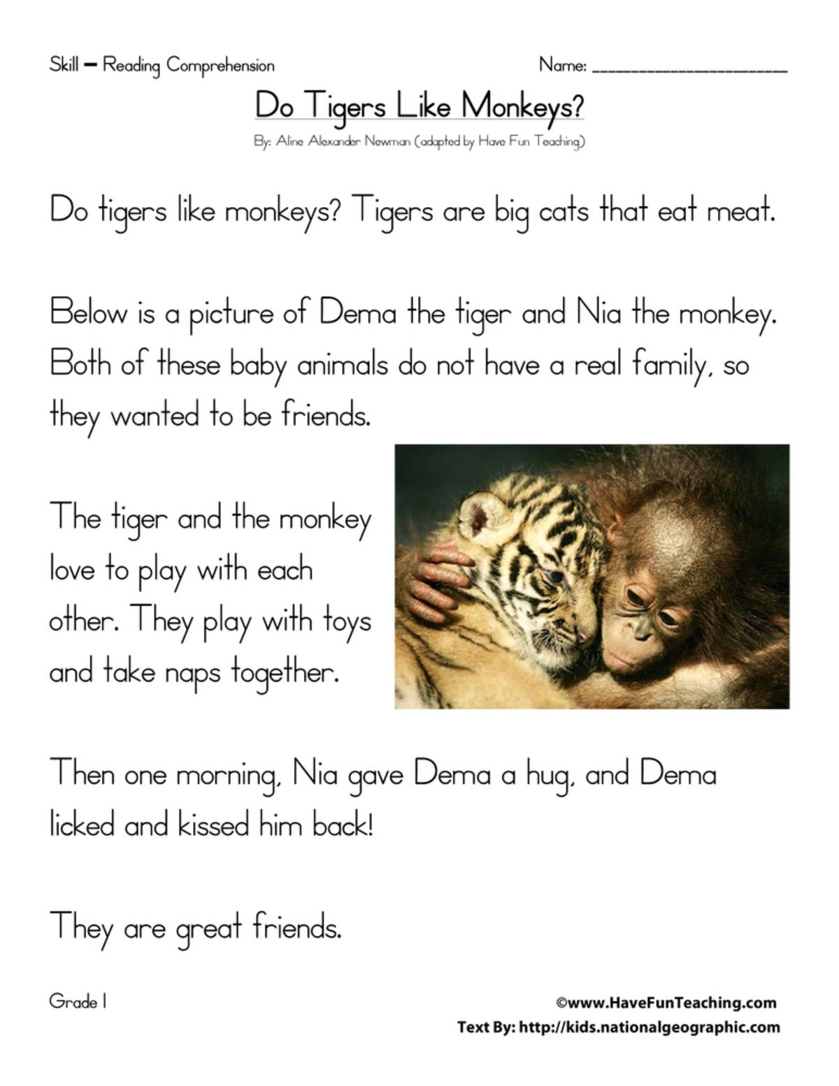 An educational teaching resource from Have Fun Teaching entitled Do Tigers Like Monkeys? - Reading Comprehension Worksheet downloadable at Teach Simple.