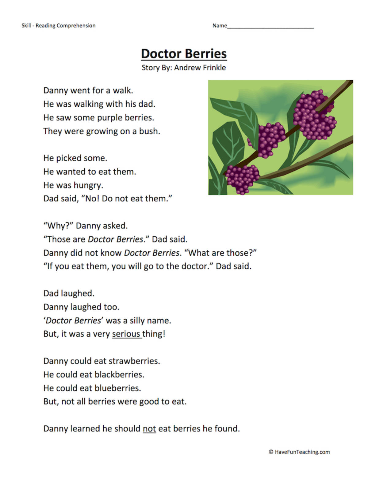 An educational teaching resource from Have Fun Teaching entitled Doctor Berries - Reading Comprehension Worksheet downloadable at Teach Simple.