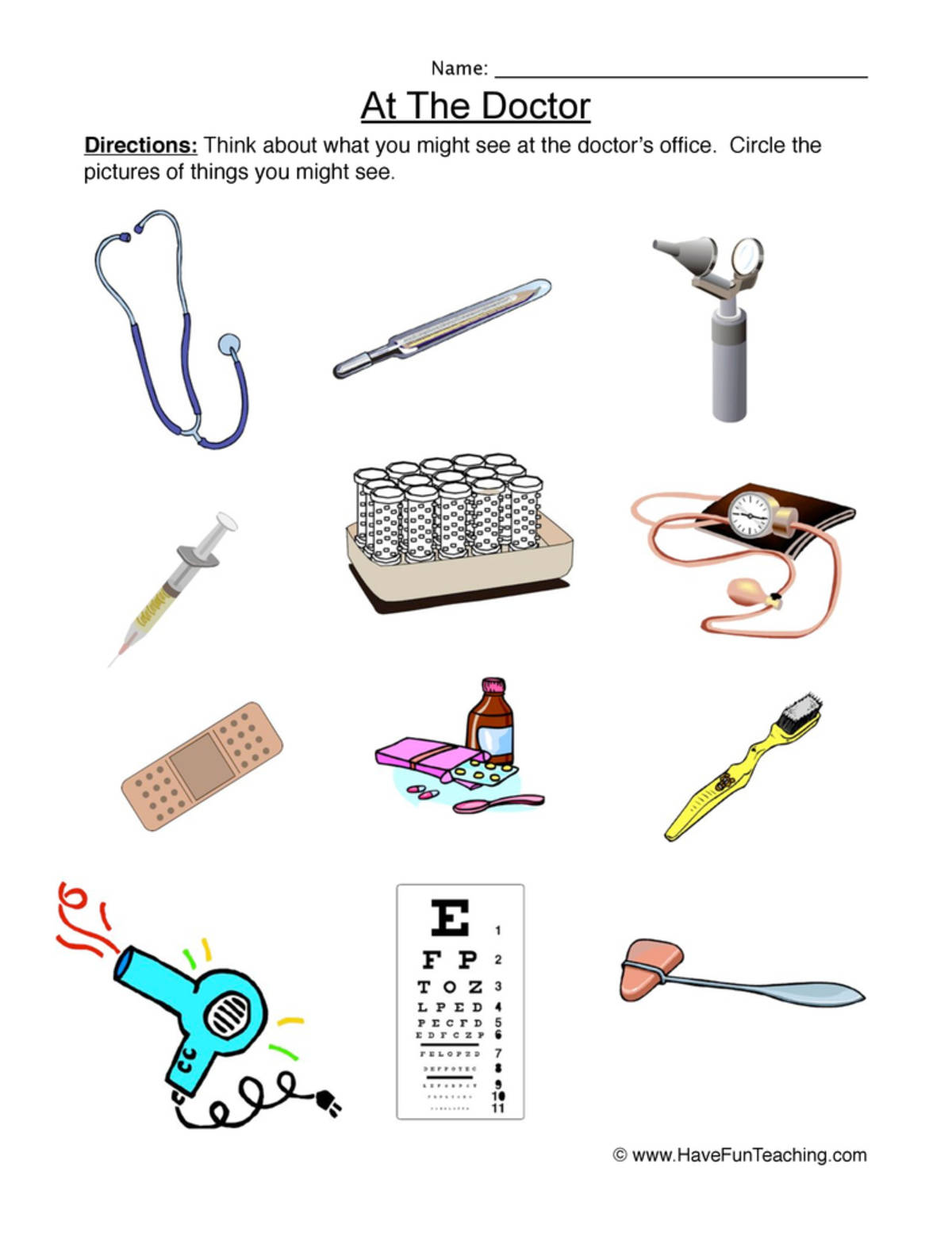 An educational teaching resource from Have Fun Teaching entitled Doctor's Office Examples Worksheet downloadable at Teach Simple.