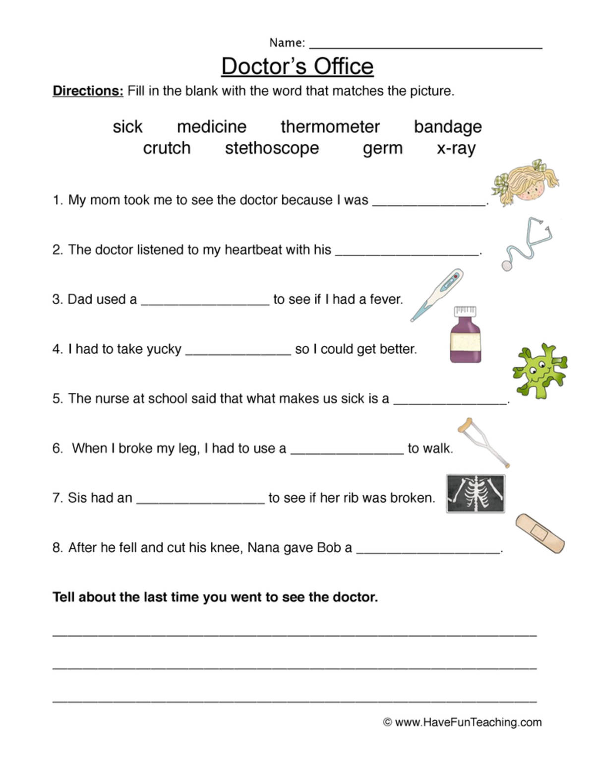 An educational teaching resource from Have Fun Teaching entitled Doctor's Office Fill in the Blanks Worksheet downloadable at Teach Simple.