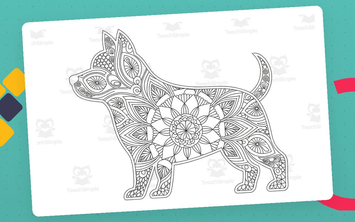 An educational teaching resource from Classsim entitled Dog Mandala Coloring Page Worksheet activity downloadable at Teach Simple.