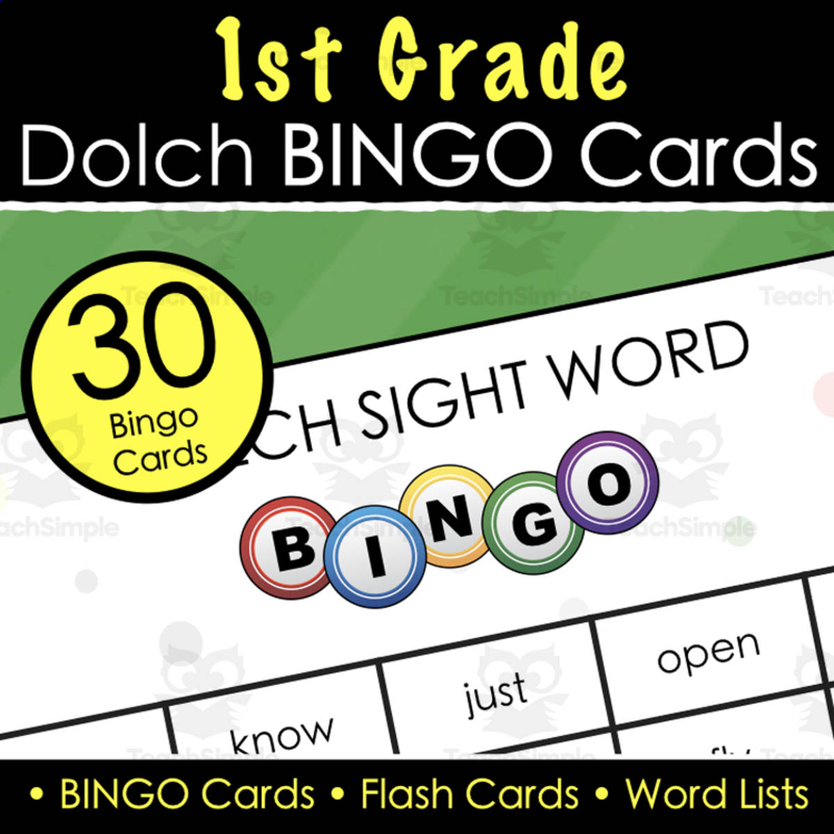 An educational teaching resource from Tom's Talk entitled Dolch 1st Grade Sight Word BINGO - 30+ Bingo Cards, Flashcards & Word Lists downloadable at Teach Simple.