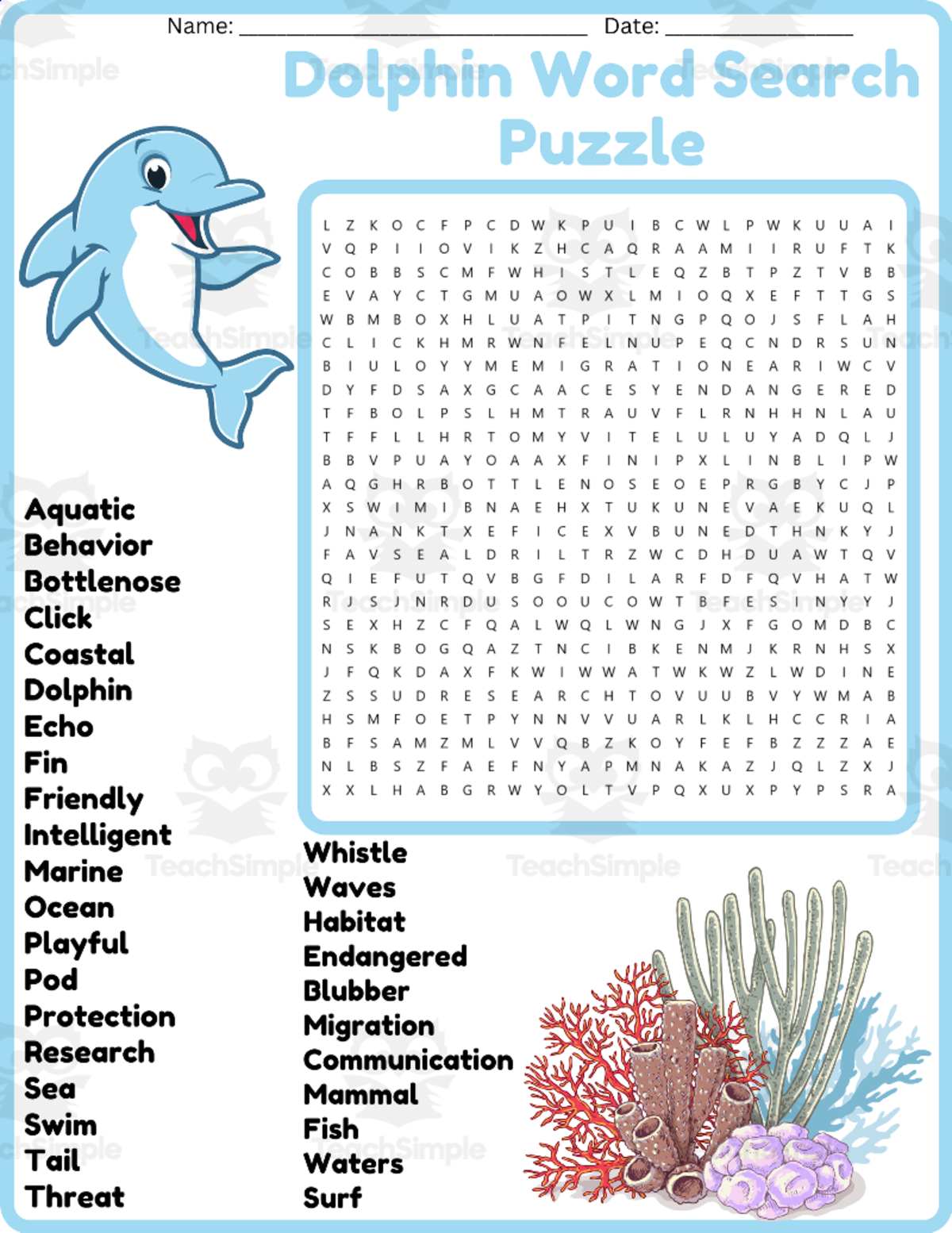 An educational teaching resource from space shope entitled Dolphin Word Search Puzzle Worksheet Activities (1st, 2nd, 3rd & 4th downloadable at Teach Simple.