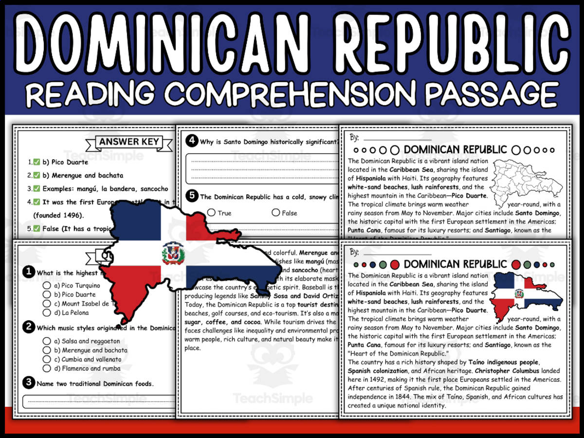 An educational teaching resource from Wonderland School entitled Dominican Republic Reading Comprehension for Hispanic Heritage Month downloadable at Teach Simple.
