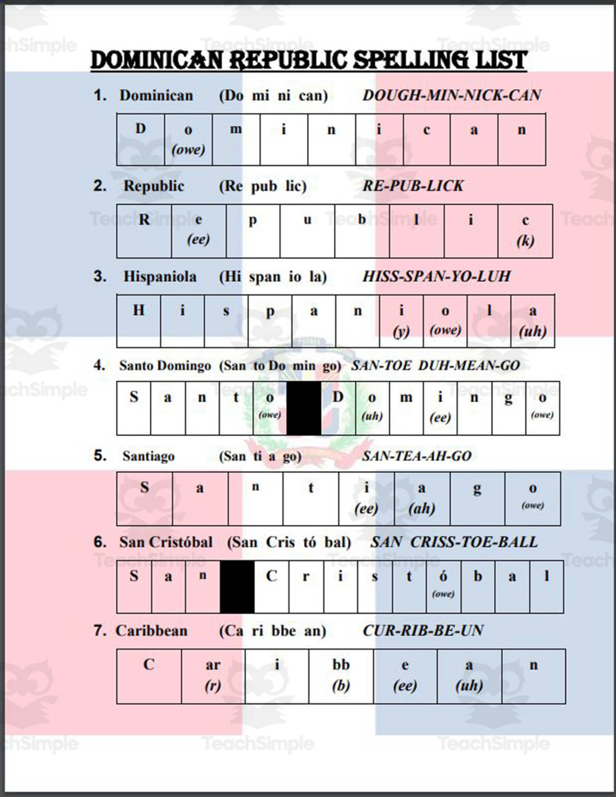 An educational teaching resource from Mr. Matthews Teacher Store entitled Dominican Republican Spelling List downloadable at Teach Simple.