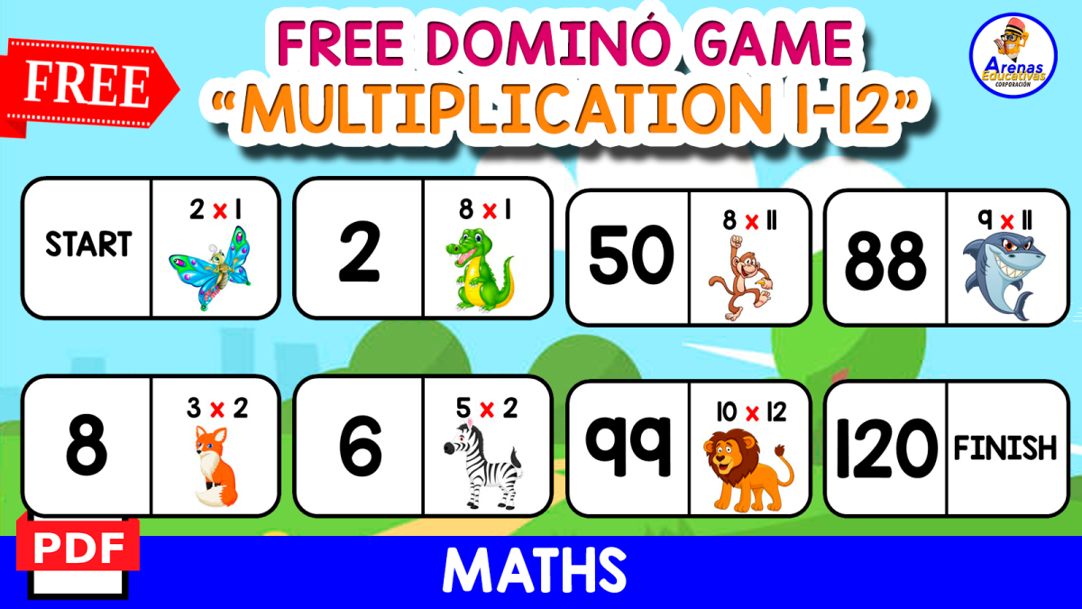 An educational teaching resource from EDITORIAL LAURA EDUCA entitled DOMINÓ GAME MULTIPLICATION | Made With Animals Icons downloadable at Teach Simple.