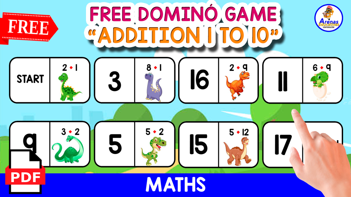An educational teaching resource from EDITORIAL LAURA EDUCA entitled DOMINÓ GAME OF ADDITION | DINO THEMED downloadable at Teach Simple.