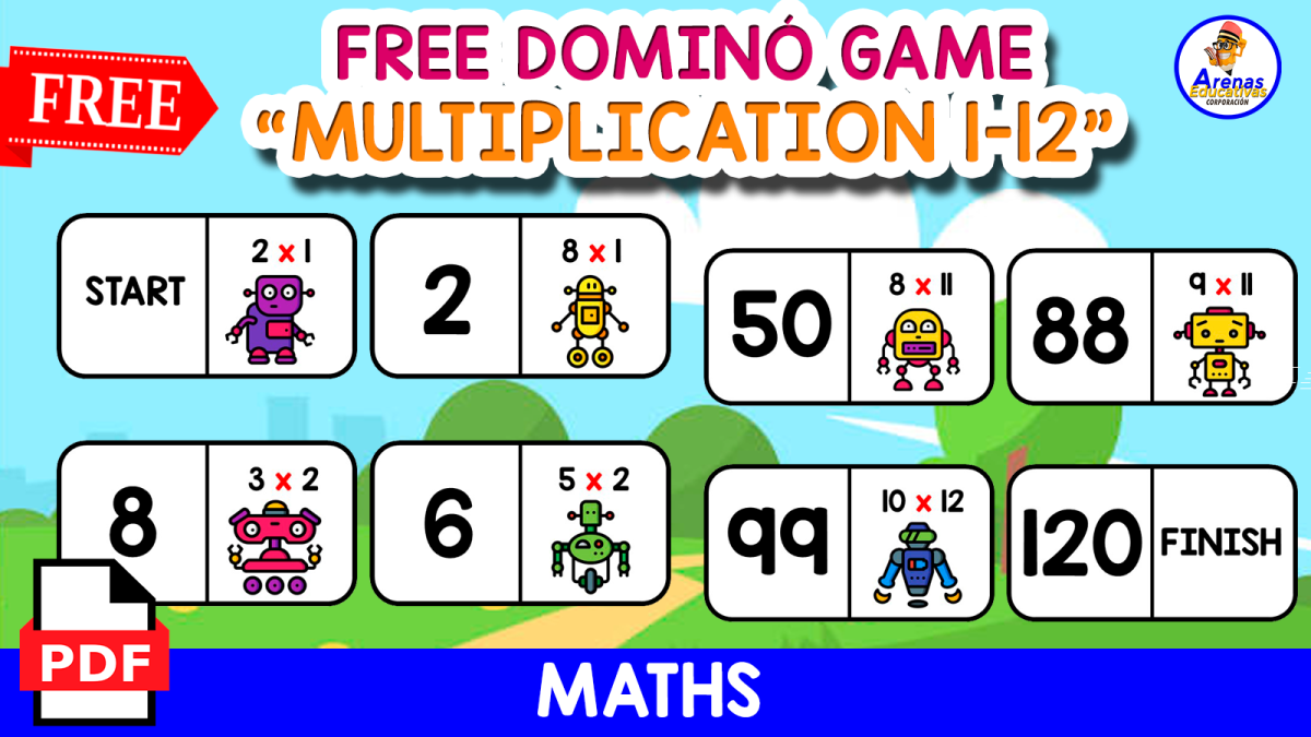 An educational teaching resource from EDITORIAL LAURA EDUCA entitled DOMINÓ GAME OF MULTIPLICATION 1 TO 12 | Robot Themed downloadable at Teach Simple.