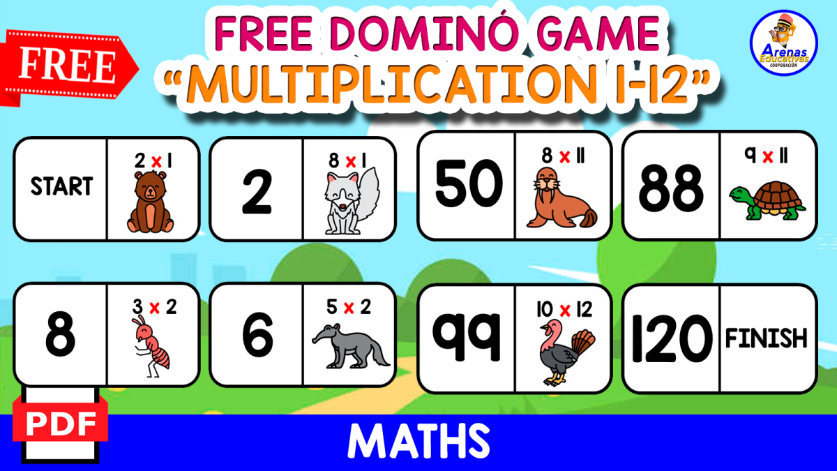 An educational teaching resource from EDITORIAL LAURA EDUCA entitled DOMINÓ GAME OF MULTIPLICATION | Made with ANIMAL ICONS downloadable at Teach Simple.