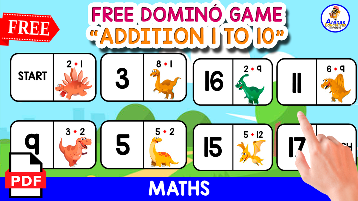 An educational teaching resource from EDITORIAL LAURA EDUCA entitled DOMINÓ GAME WITH ADDITION EXERCISES | DINO THEMED downloadable at Teach Simple.