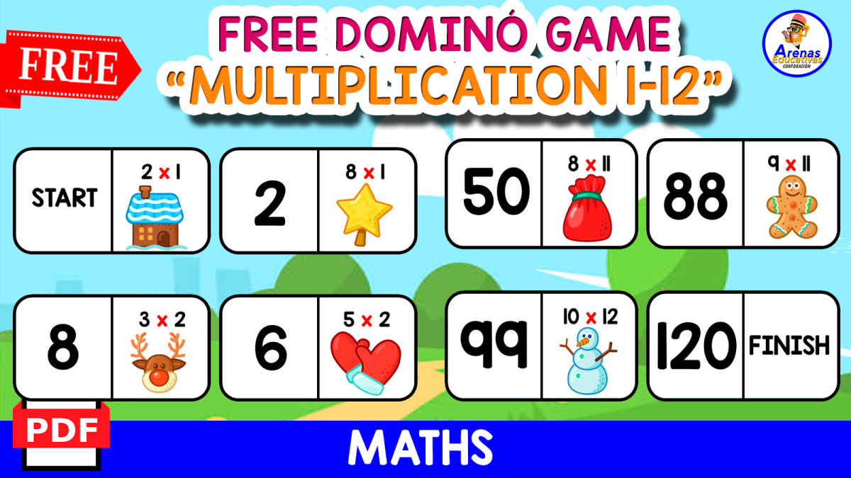 An educational teaching resource from EDITORIAL LAURA EDUCA entitled DOMINÓ PUZZLE MULTIPLICATION 1 TO 12 | Christmas Themed downloadable at Teach Simple.