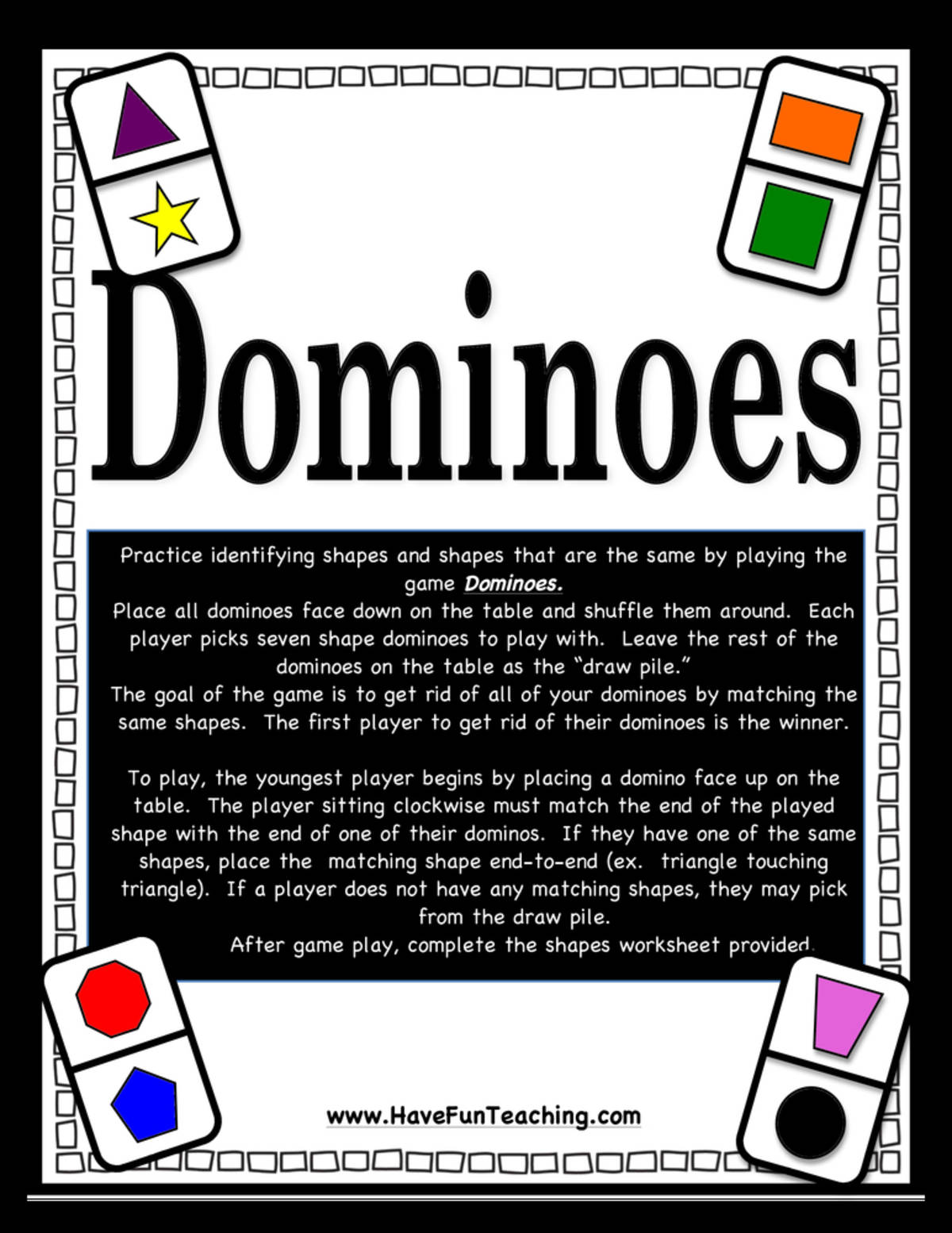 An educational teaching resource from Have Fun Teaching entitled Dominoes Same Different Shapes Activity downloadable at Teach Simple.