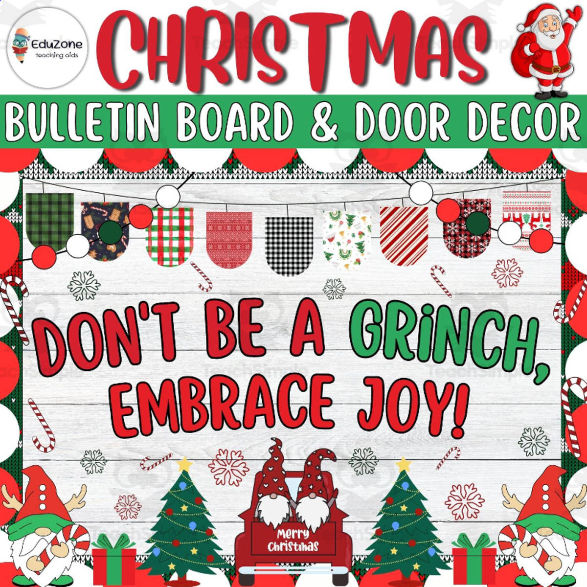An educational teaching resource from Style Your Classroom entitled Don't Be a Grinch, Embrace Joy! Bulletin Board & Door Decor kit downloadable at Teach Simple.