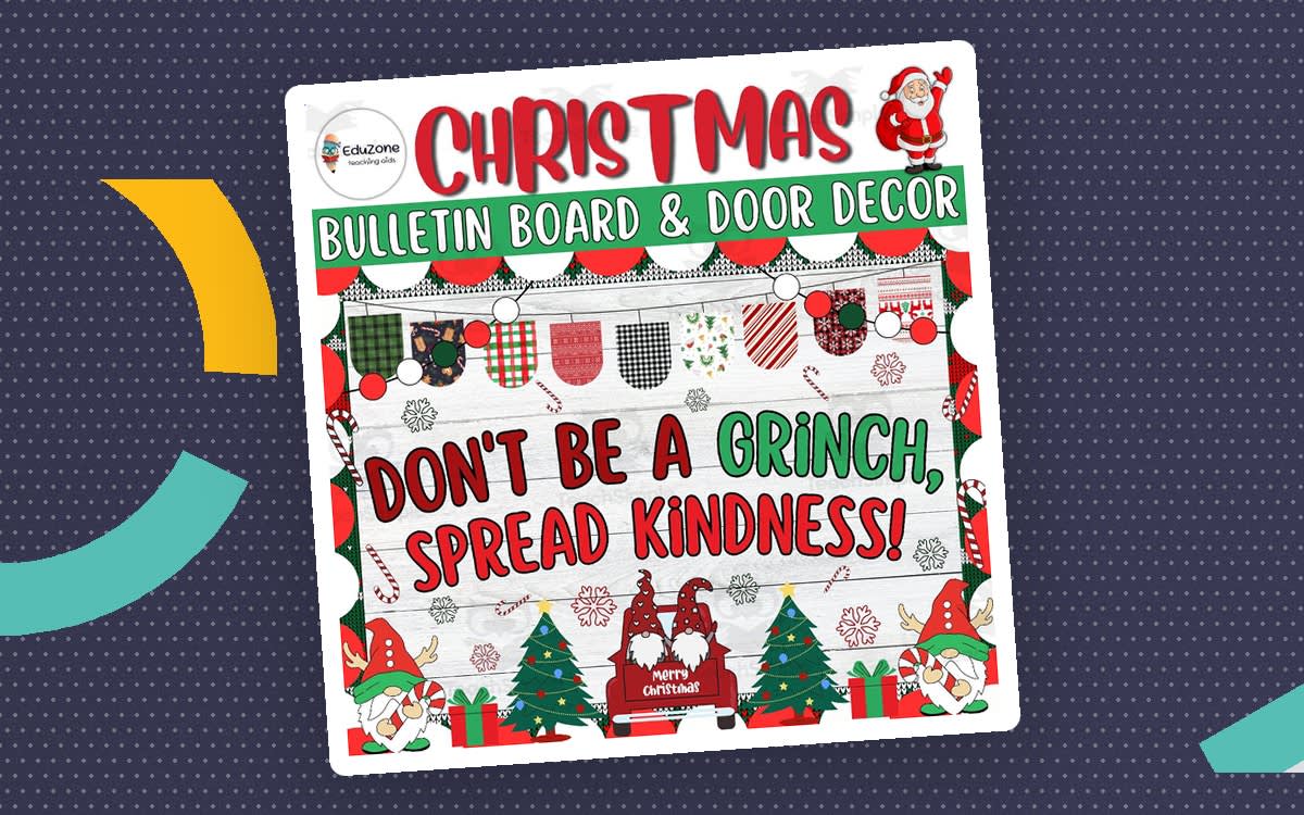 An educational teaching resource from Style Your Classroom entitled Don't Be A Grinch, Spread Kindness! Bulletin Board & Door Decor kit downloadable at Teach Simple.