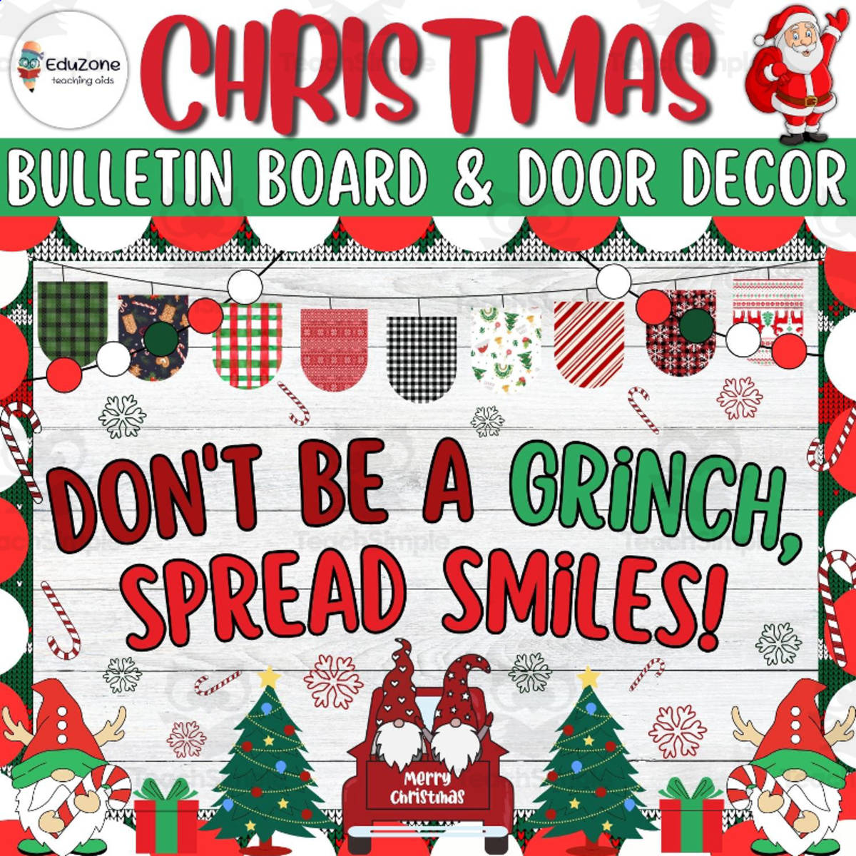 An educational teaching resource from Style Your Classroom entitled Don't Be a Grinch, Spread Smiles! Bulletin Board & Door Decor kit downloadable at Teach Simple.