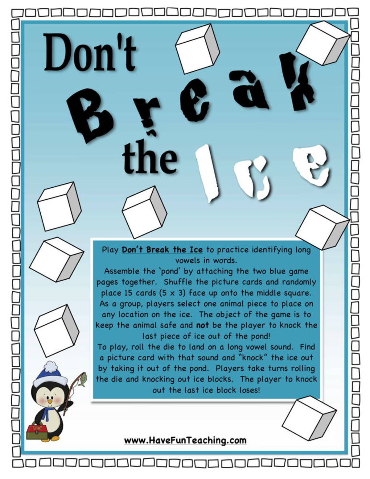 An educational teaching resource from Have Fun Teaching entitled Don't Break the Ice Long Vowels Activity downloadable at Teach Simple.