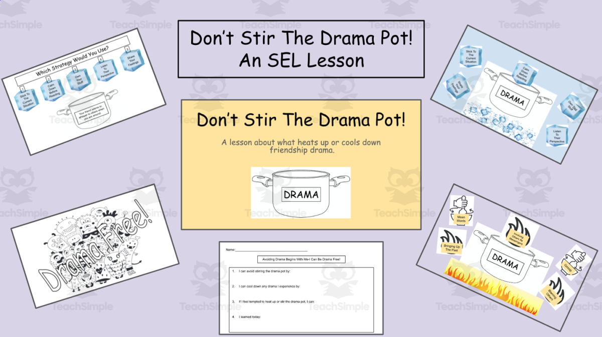An educational teaching resource from Jennifer Moyer Taylor entitled Don't Stir The Drama Pot-An SEL Presentation Plus SEL Coloring Page downloadable at Teach Simple.