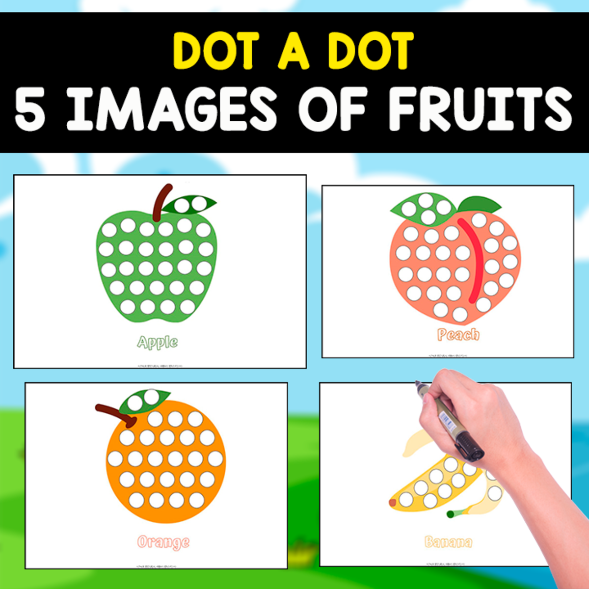 An educational teaching resource from EDITORIAL LAURA EDUCA entitled DOT A DOT | FRUITS THEMED | 5 IMAGES downloadable at Teach Simple.