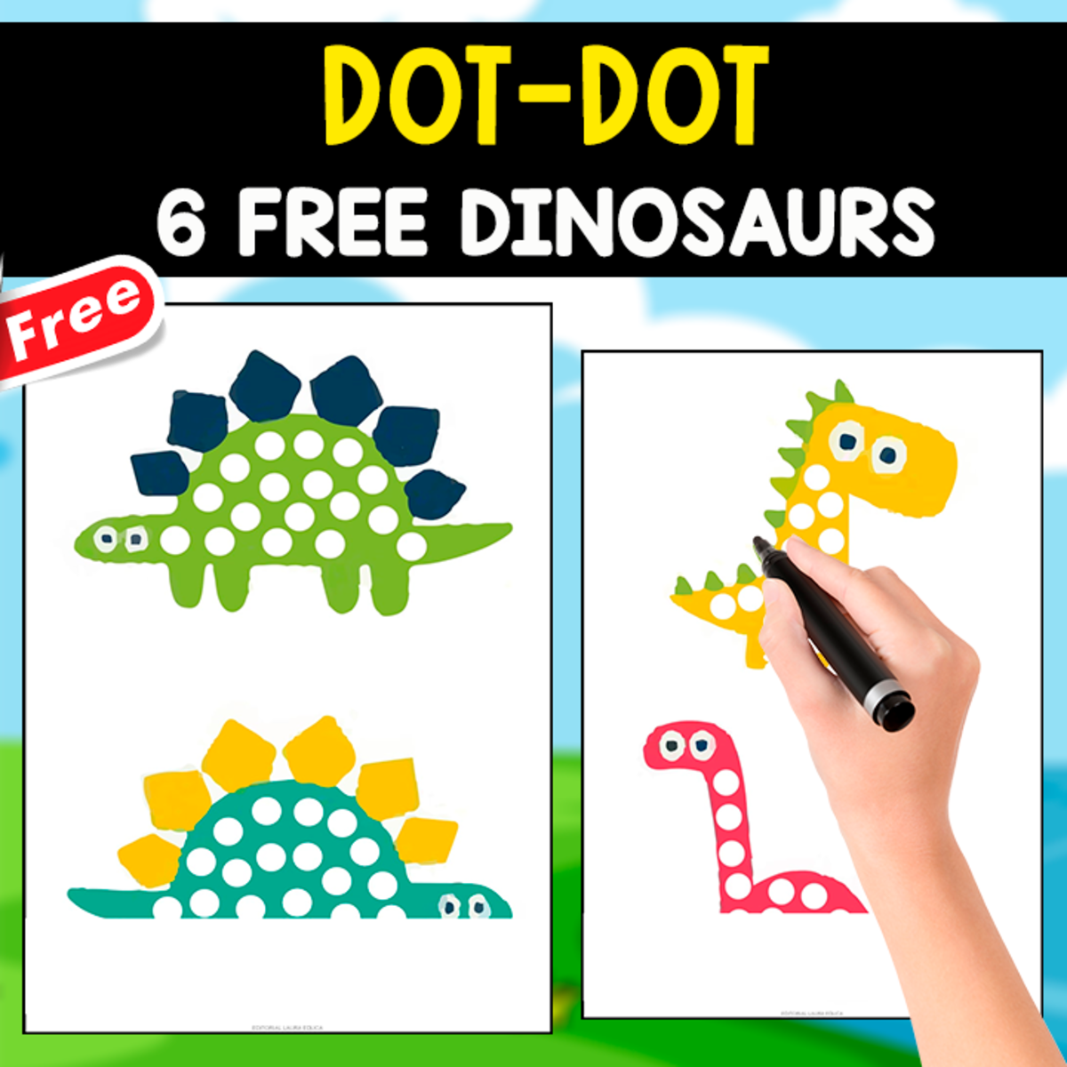 An educational teaching resource from EDITORIAL LAURA EDUCA entitled DOT-DOT ACTIVITY | 6 FREE PICTURES OF DINOSAURS downloadable at Teach Simple.