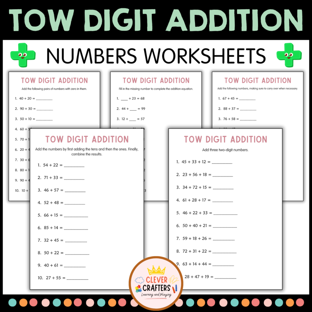 An educational teaching resource from Clever Crafters entitled Double Digit Addition - With Regrouping (Two Digit Adding) Printables downloadable at Teach Simple.