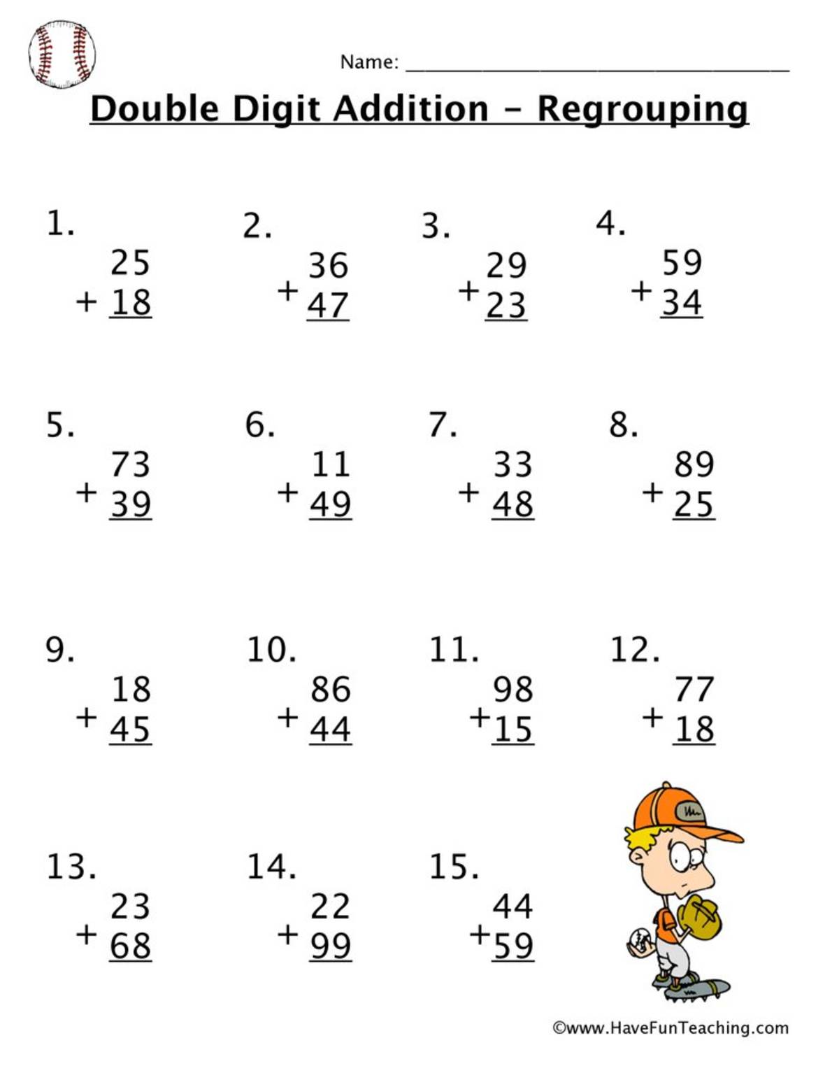 An educational teaching resource from Have Fun Teaching entitled Double Digit Addition With Regrouping Worksheet downloadable at Teach Simple.