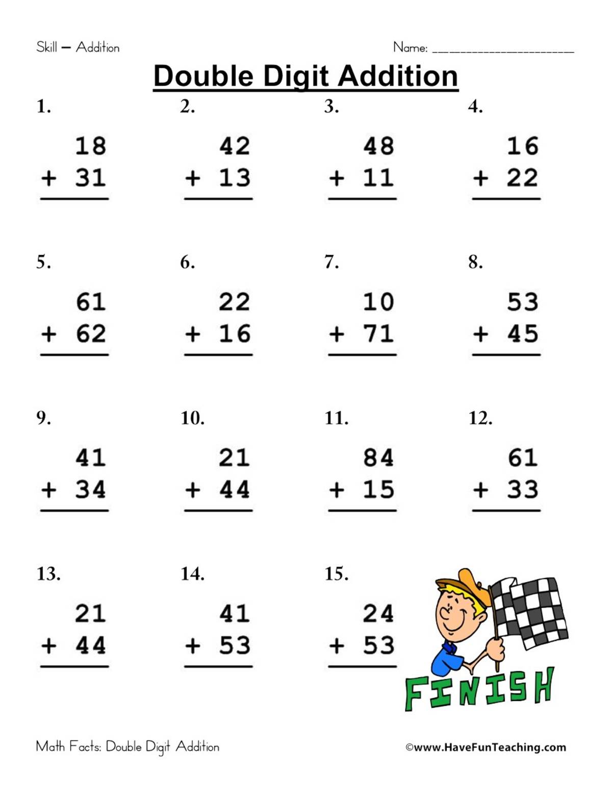 An educational teaching resource from Have Fun Teaching entitled Double Digit Addition Worksheet Pack downloadable at Teach Simple.
