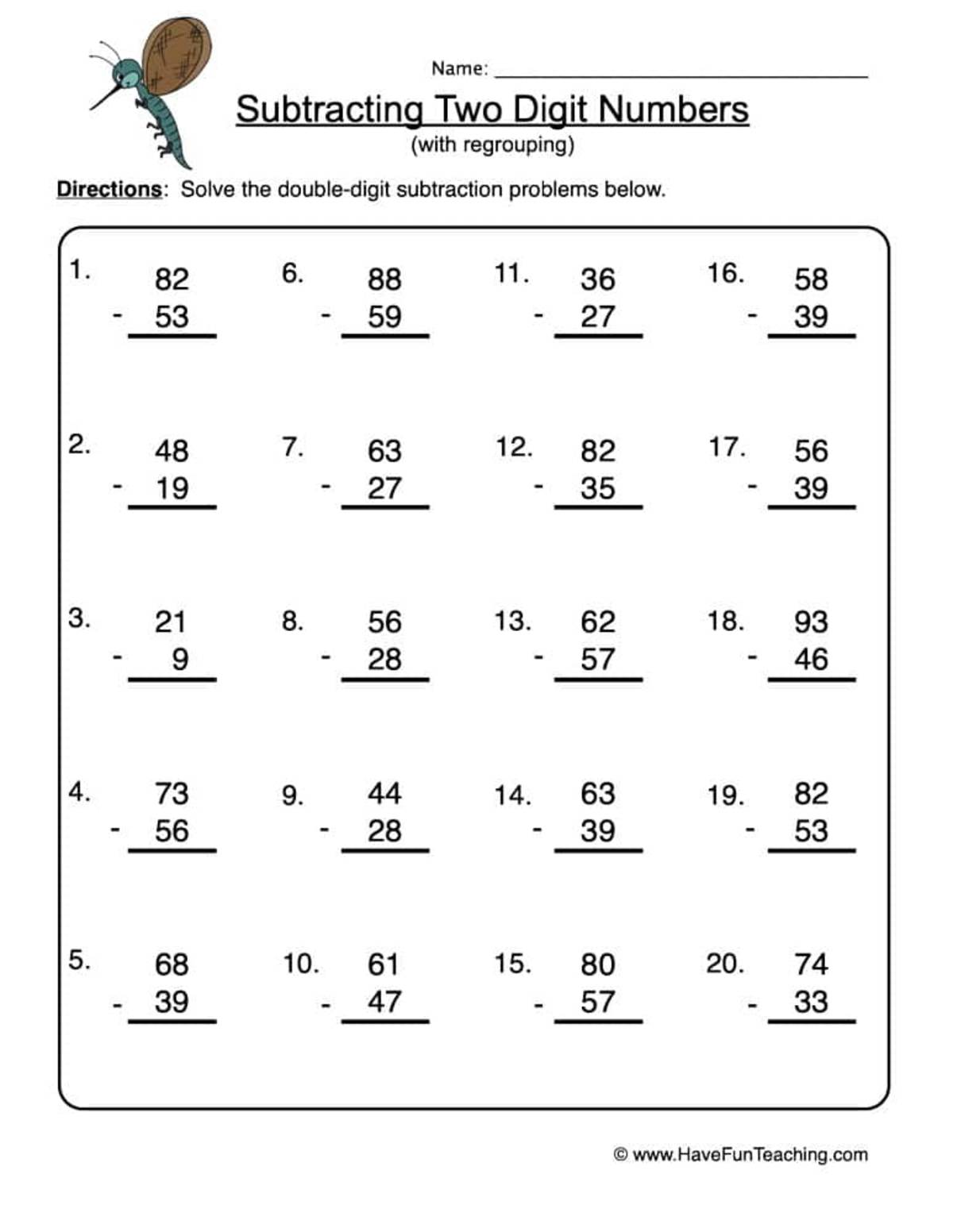 An educational teaching resource from Have Fun Teaching entitled Double Digit Subtraction No Regrouping Worksheet downloadable at Teach Simple.