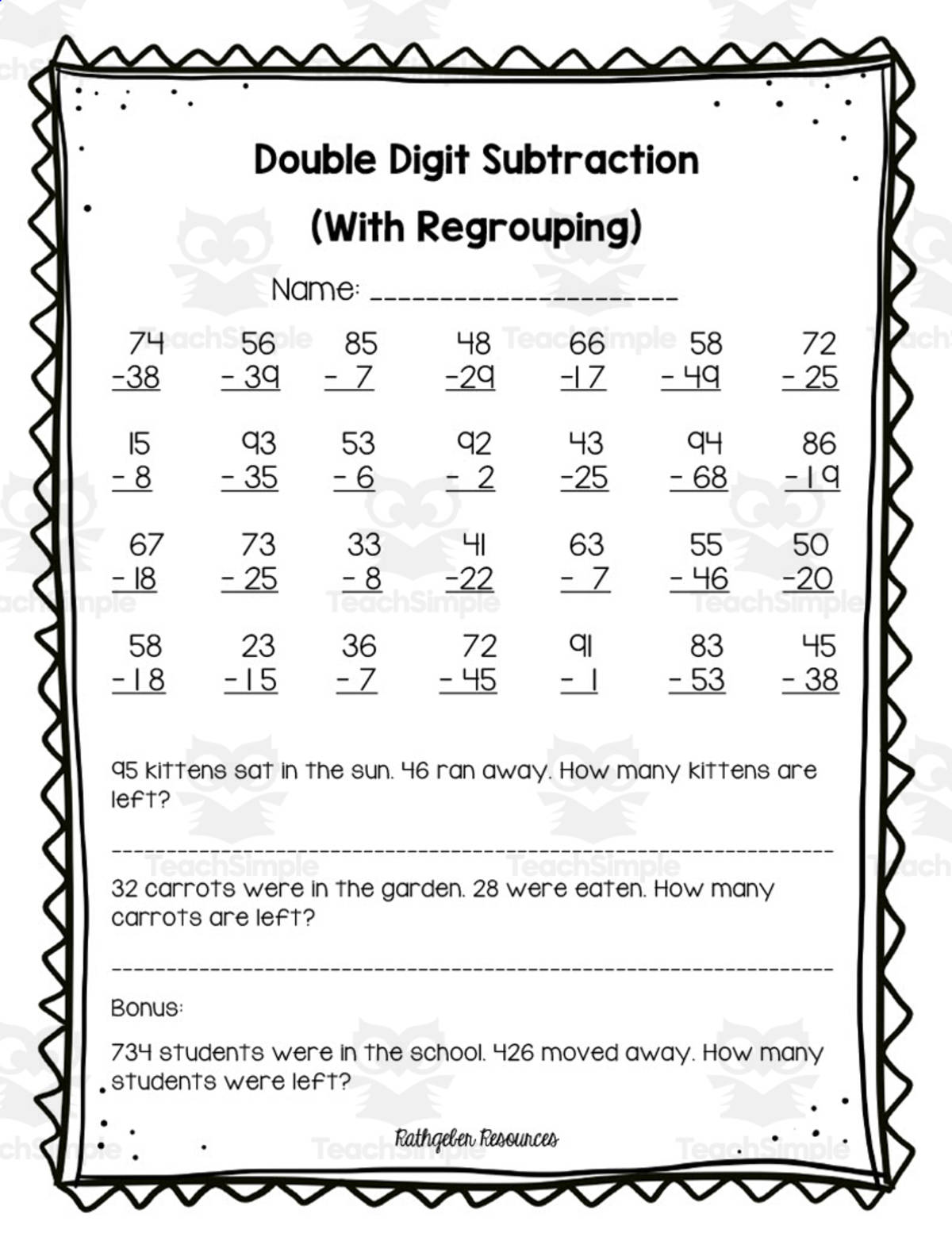 An educational teaching resource from Rathgeber Resources entitled Double Digit Subtraction With Regrouping Assessment downloadable at Teach Simple.