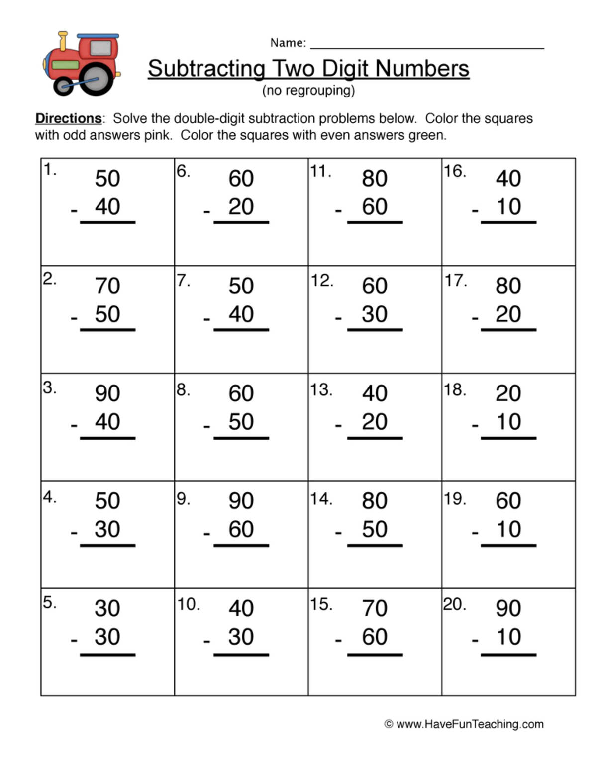 An educational teaching resource from Have Fun Teaching entitled Double Digit Subtraction Without Regrouping Worksheet - Tens downloadable at Teach Simple.