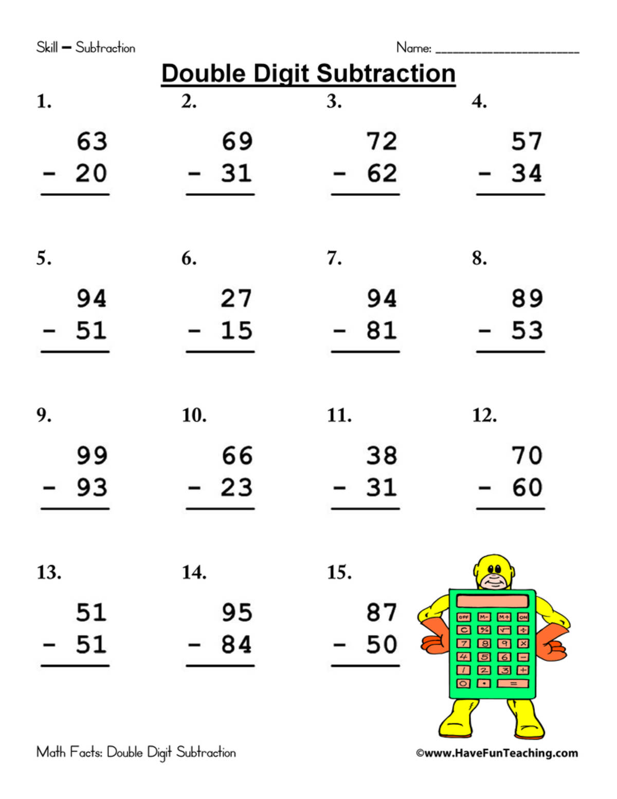 An educational teaching resource from Have Fun Teaching entitled Double Digit Subtraction with Regrouping – 75 Problems downloadable at Teach Simple.