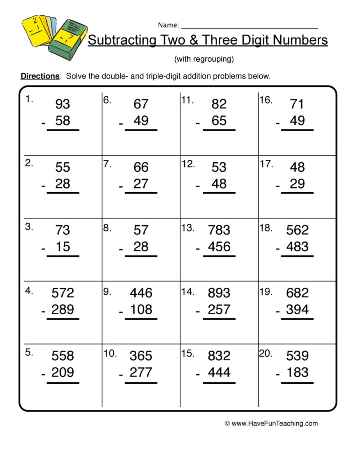 An educational teaching resource from Have Fun Teaching entitled Double Triple Digit Regrouping Subtraction Worksheet downloadable at Teach Simple.