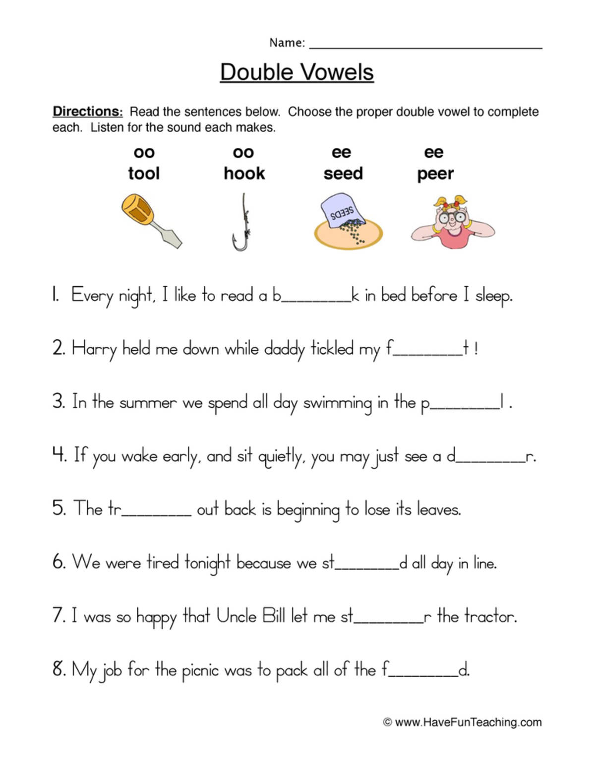 An educational teaching resource from Have Fun Teaching entitled Double Vowels Fill in the Blank Worksheet downloadable at Teach Simple.