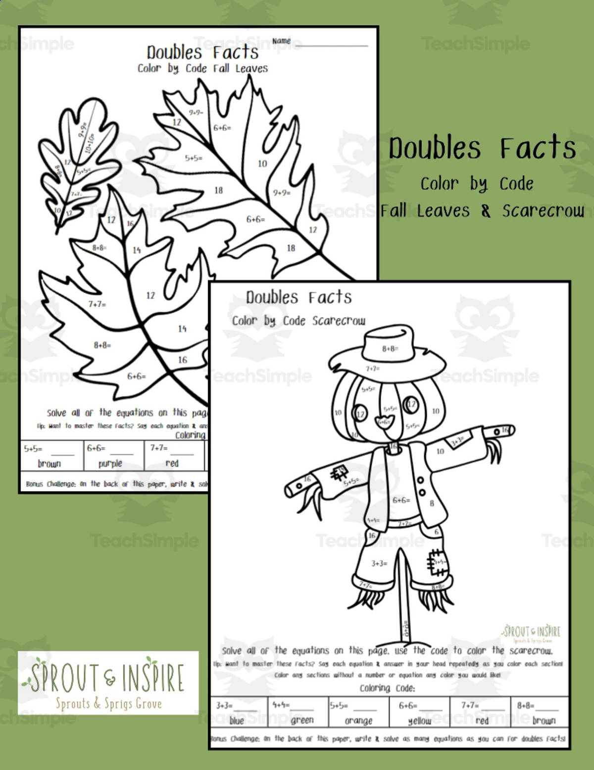 An educational teaching resource from Sprout & Inspire entitled Doubles Color by Code Fall Leaf and Scarecrow Edition downloadable at Teach Simple.