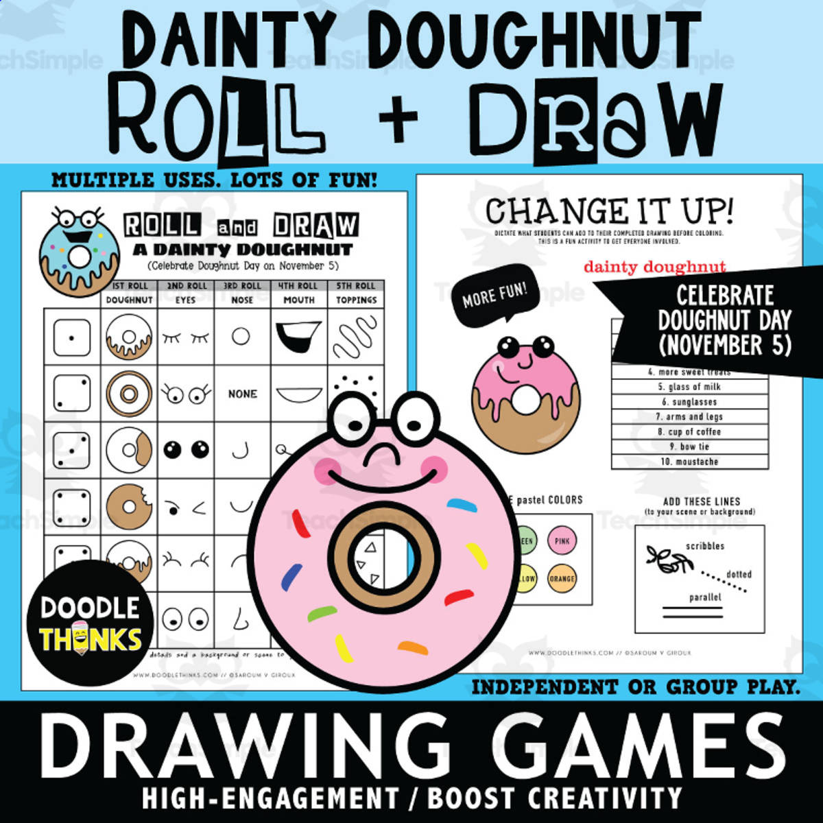 An educational teaching resource from Doodle Thinks entitled Doughnut Roll and Draw Games | Doughnut Day November Art Activity downloadable at Teach Simple.