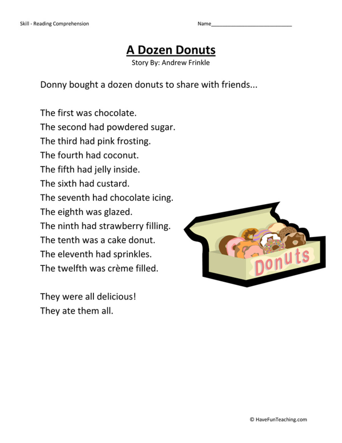 An educational teaching resource from Have Fun Teaching entitled Dozen Donuts - Reading Comprehension Worksheet downloadable at Teach Simple.