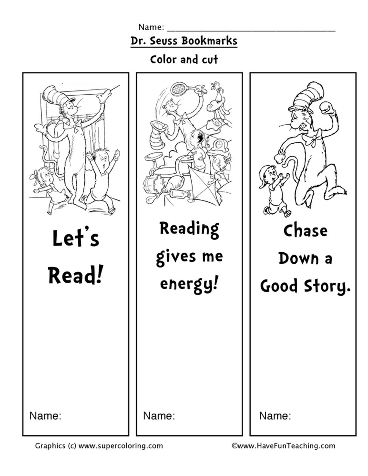 An educational teaching resource from Have Fun Teaching entitled Dr. Seuss Bookmarks downloadable at Teach Simple.