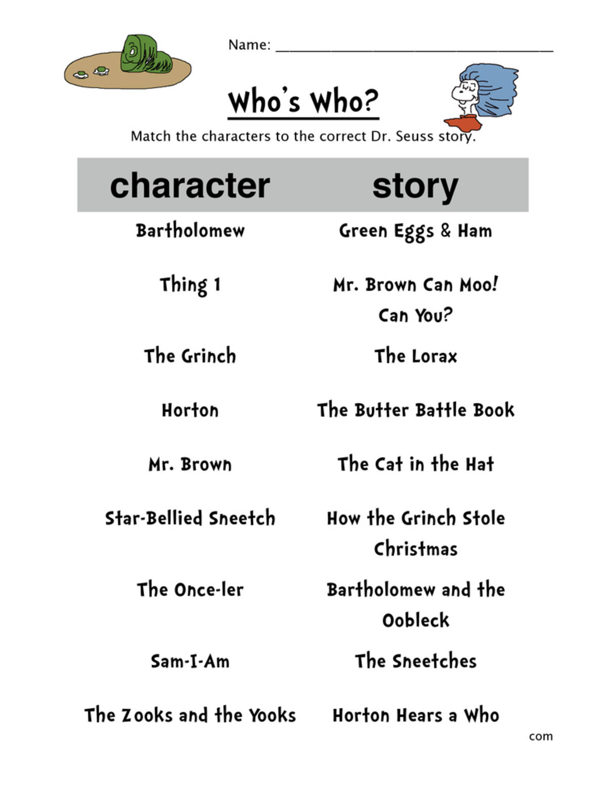 An educational teaching resource from Have Fun Teaching entitled Dr. Seuss Characters Matching Worksheet downloadable at Teach Simple.