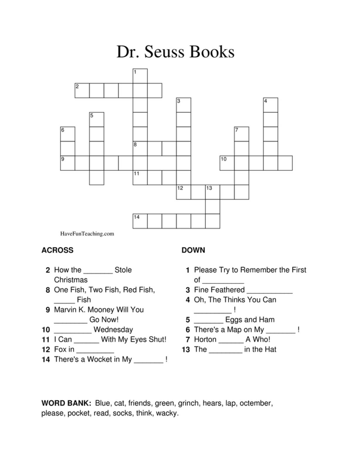 An educational teaching resource from Have Fun Teaching entitled Dr. Seuss Crossword Puzzle downloadable at Teach Simple.