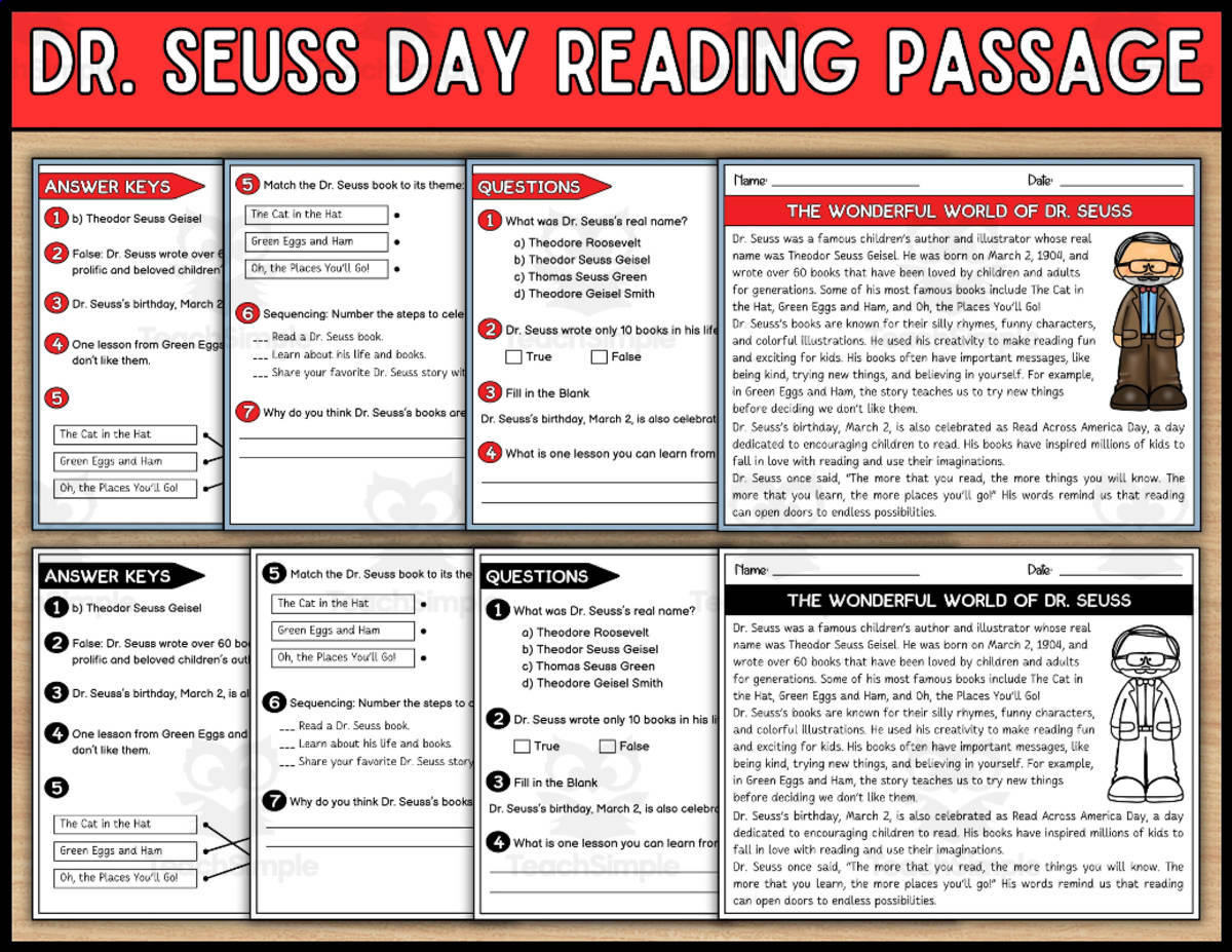 An educational teaching resource from Wonderland School entitled Dr. Seuss Day Reading Comprehension Passage amd Questions downloadable at Teach Simple.