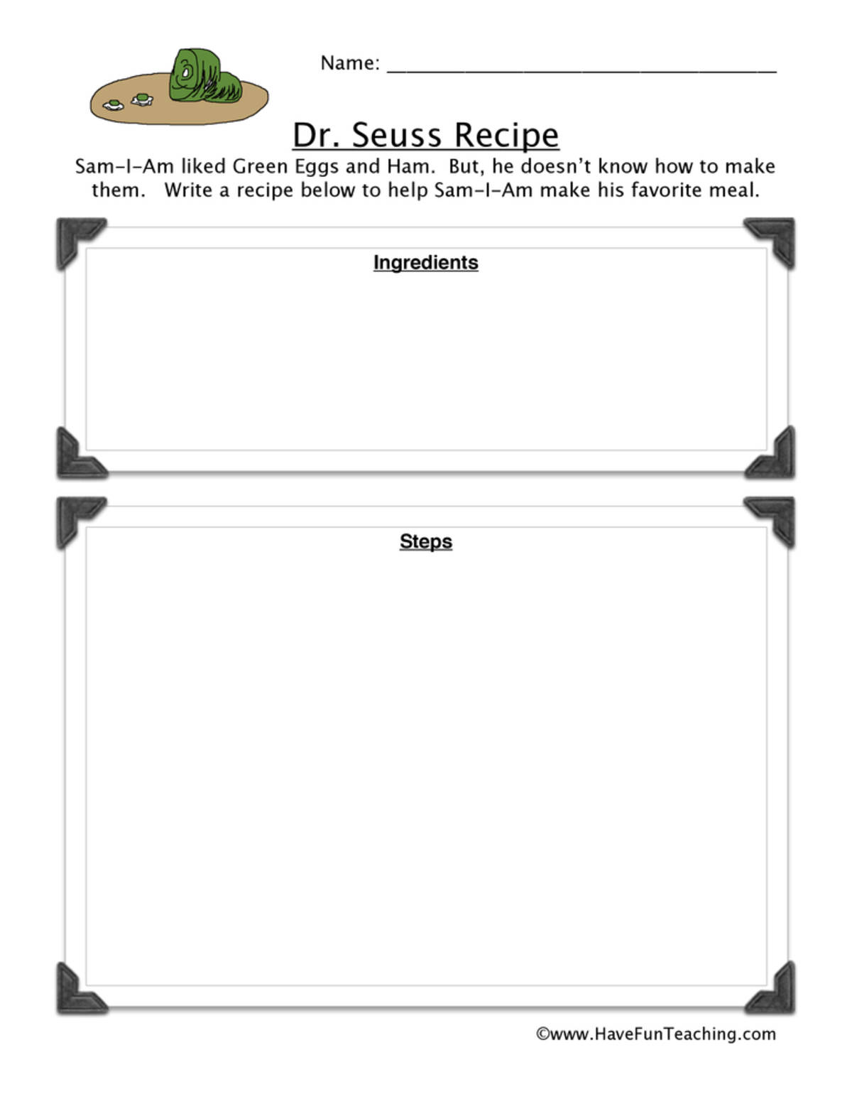 An educational teaching resource from Have Fun Teaching entitled Dr. Seuss Green Eggs and Ham Recipe Worksheet downloadable at Teach Simple.