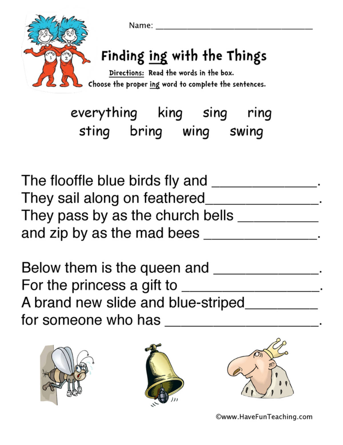 An educational teaching resource from Have Fun Teaching entitled Dr. Seuss ING Word Family Worksheet downloadable at Teach Simple.